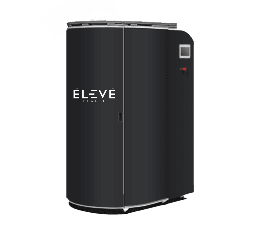 Eleve™ E-Cryo Premium — fully electric whole body cryotherapy chamber with sound system, frosted glass door, and complete cold immersion to −148°F