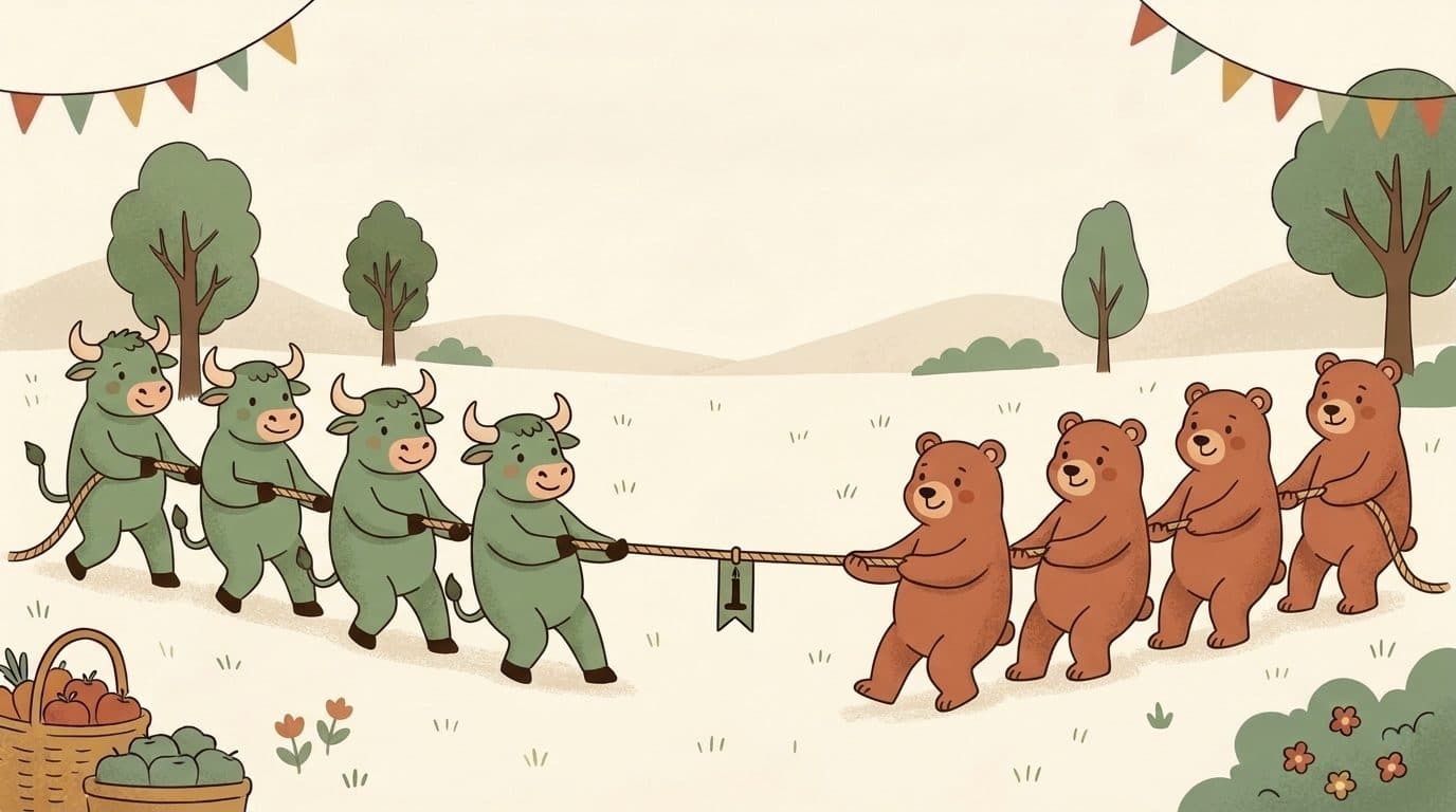 Green bulls and brown bears playing tug of war