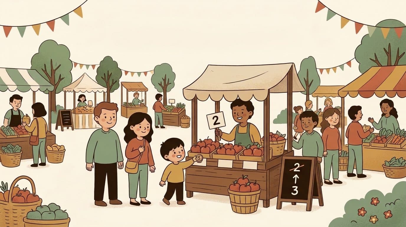 A busy farmers market with a line of people buying apples