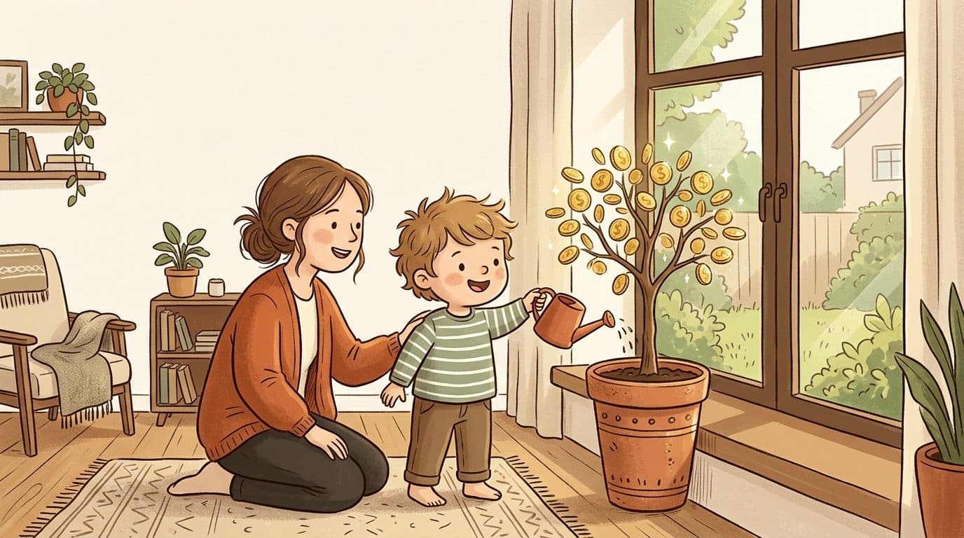A child watering a small tree with gold coin leaves