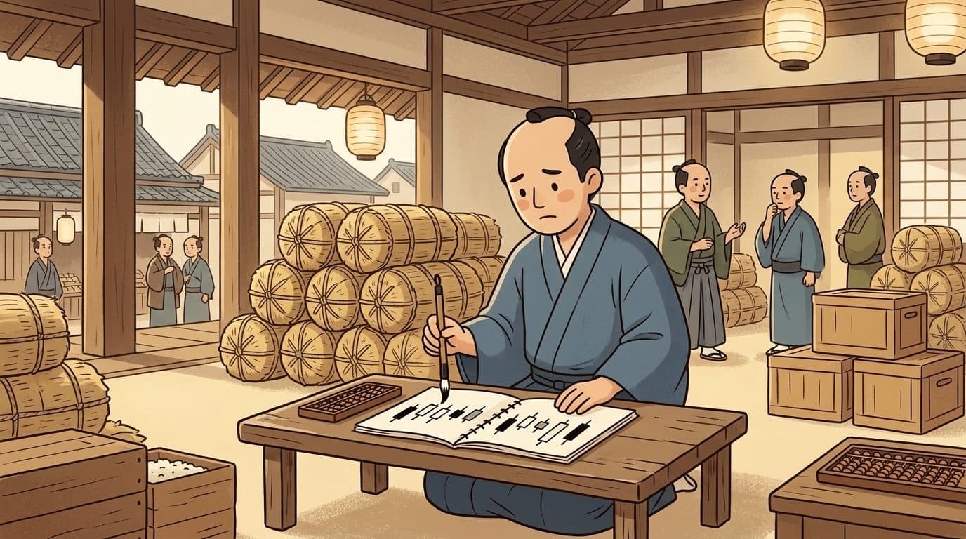 A Japanese rice trader in the 1700s drawing early candlestick charts