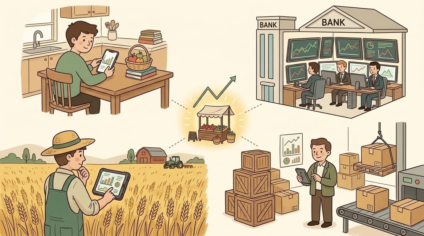 People trading from a kitchen table, a bank, a farm and a factory, all connected to one market